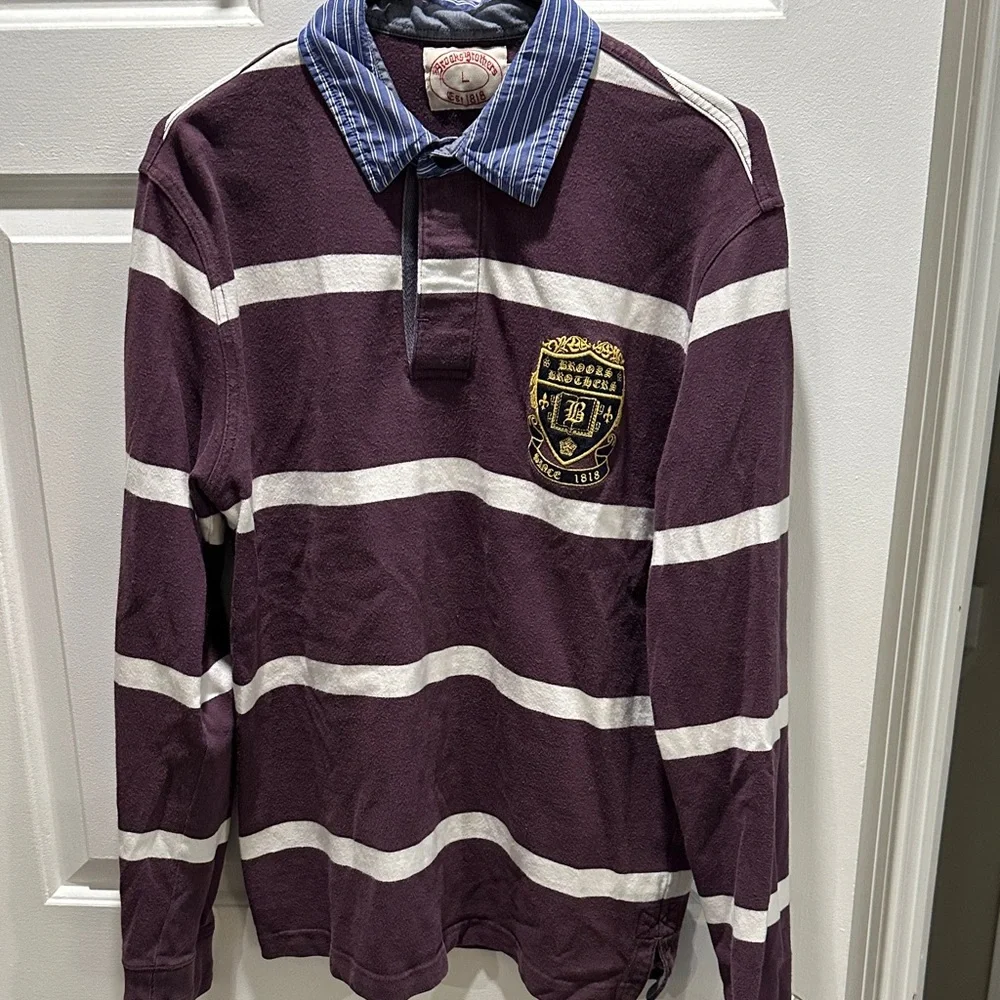 Brooks Brothers Striped Purple Rugby Shirt with Crest - Picture 1 of 2